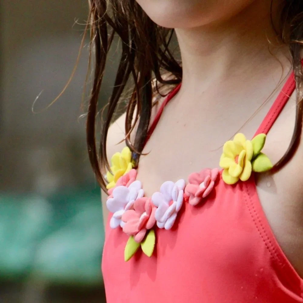 Gymboree Coral With Floral Neckline One-Piece Bathing Suit sz 9 EUC